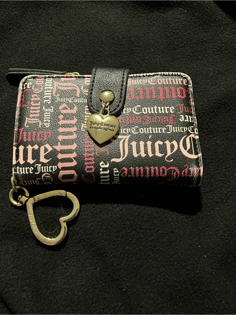 Juicy Couture Gothic Monogram Bifold Wallet Pink Black Heart Charm Y2K Style